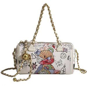 Graffiti White Vegan Leather  Crossbody bag, Trendy Mini Shoulder Bag  Purse